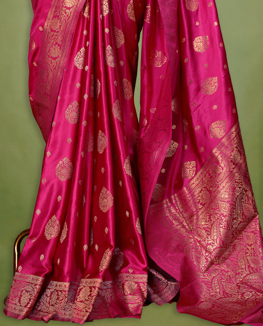 Pink Colour Semi Banarasi Saree having Golden Buttas in Body with Worked Border and Blouse