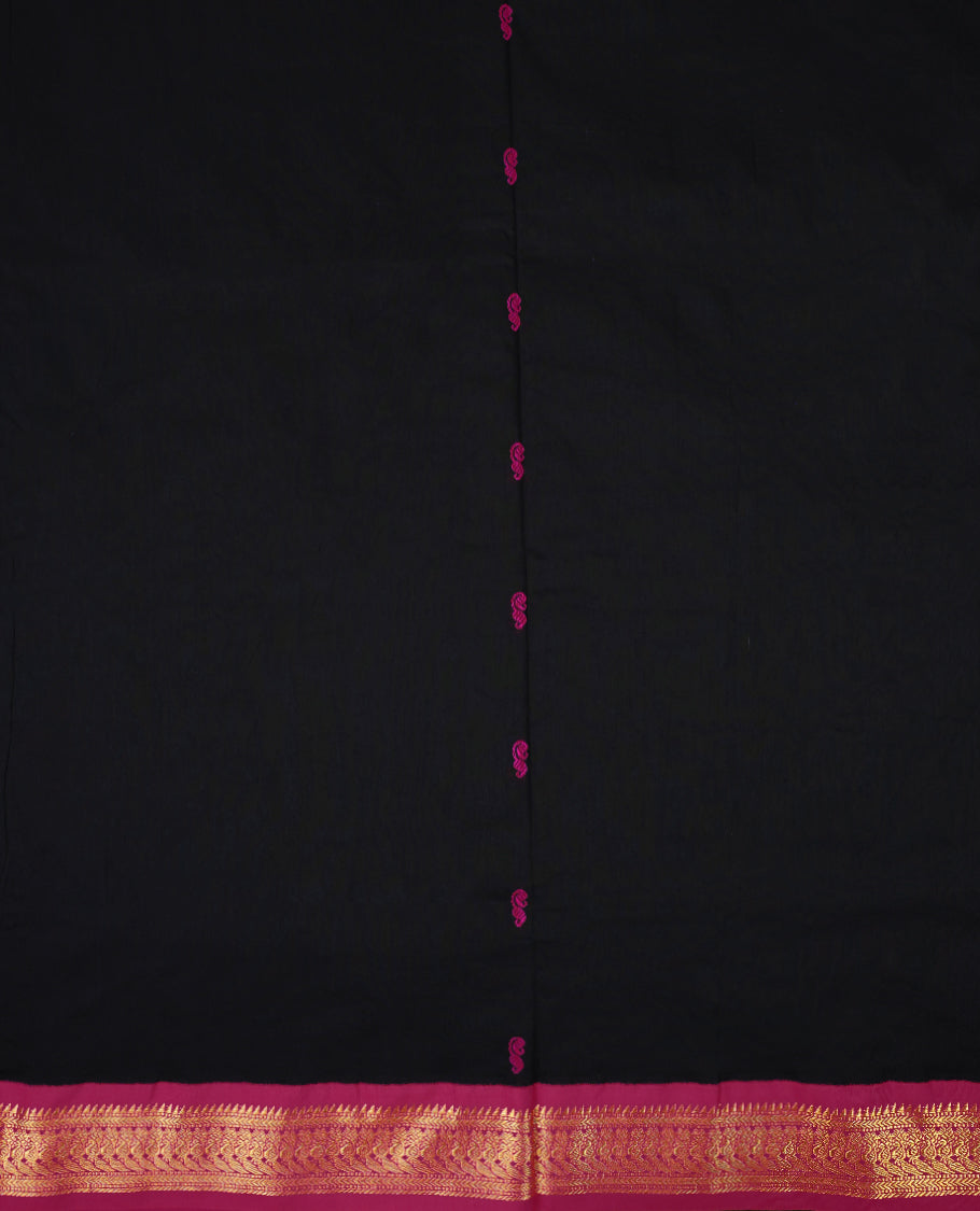 Pure Black colour mixed Kalyani cotton saree featuring Magenta zari motifs throughout the body, paired with a Magenta colour traditional border and pallu, with matching blouse