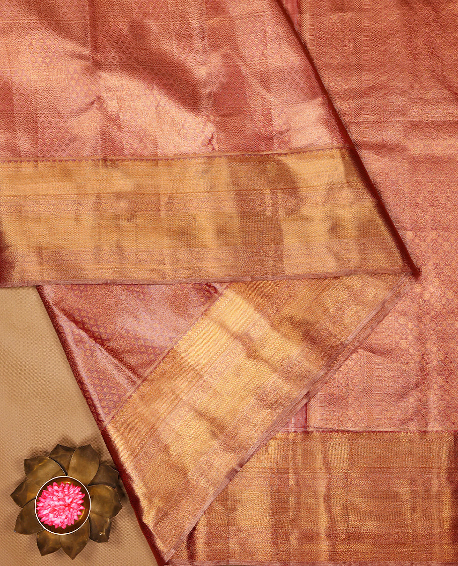 Golden Pink Colour Tissue Silk Saree having Zari Worked Body with Contrast Border and Self Coloured Blouse
