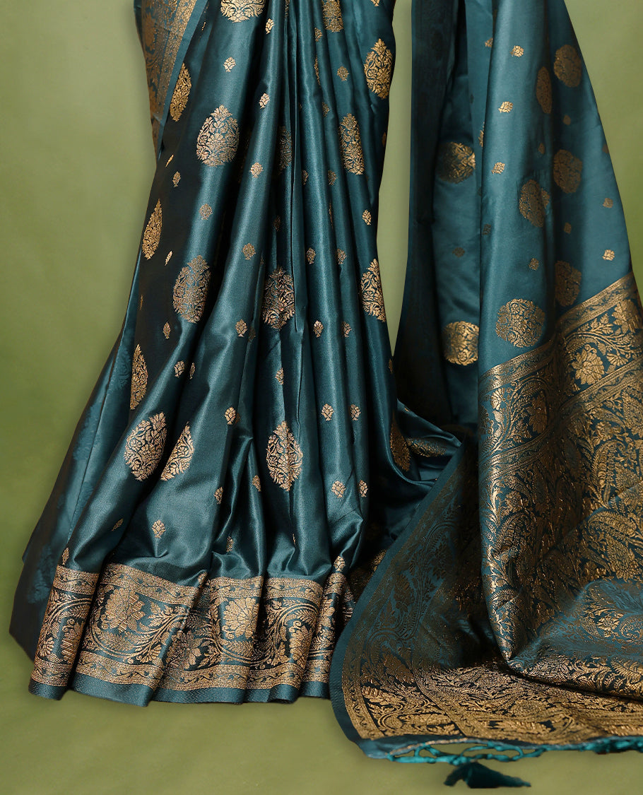 Teal Blue Colour Semi Banarasi Saree having Golden Buttas in Body with Worked Border and Blouse