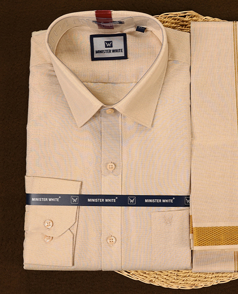 Beige tissue Full Sleeve shirt and matching dhoti set with smooth finish and golden tissue zari border giving a graceful and traditional appeal for festive and elegant occasions