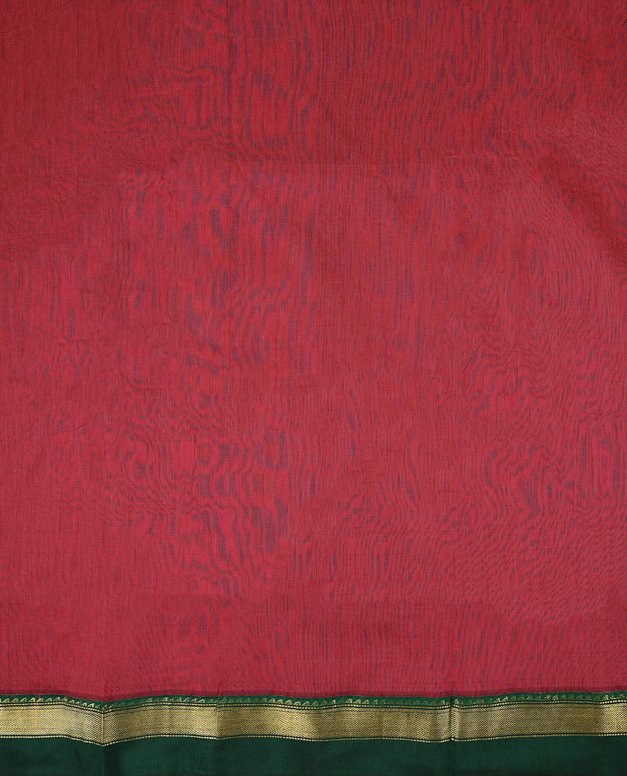 Hibiscus colour mixed Kalyani cotton saree featuring Plain body, paired with Deep Green colour traditional border and pallu, with matching blouse