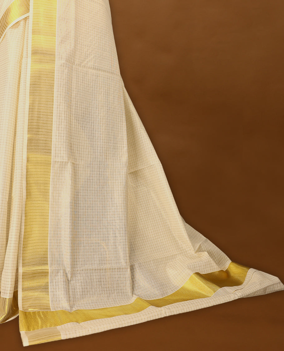 Kerala cotton saree with fine Small golden Checks and Golden border with Matching Blouse