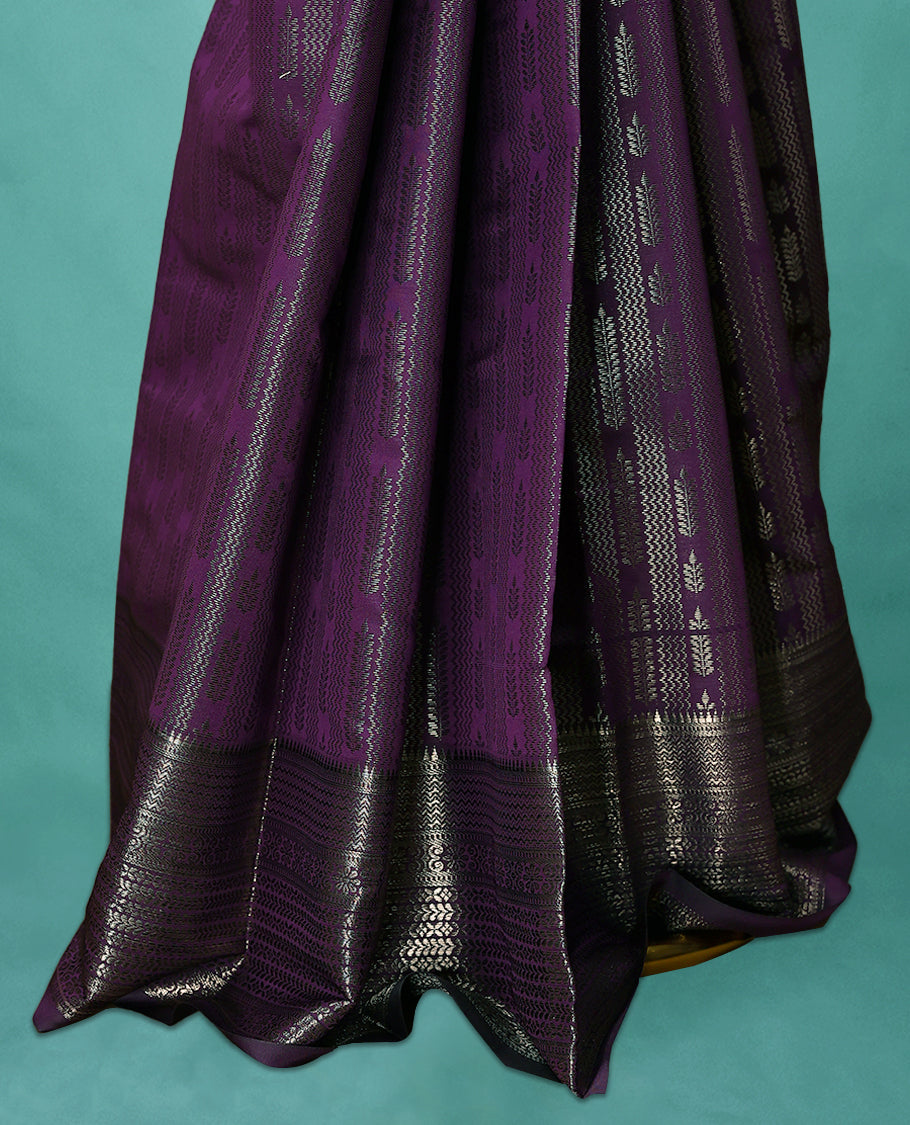 Regal Purple Art Soft Silk Saree showcases intricate silver zari work on the body and border, paired with a matching blouse