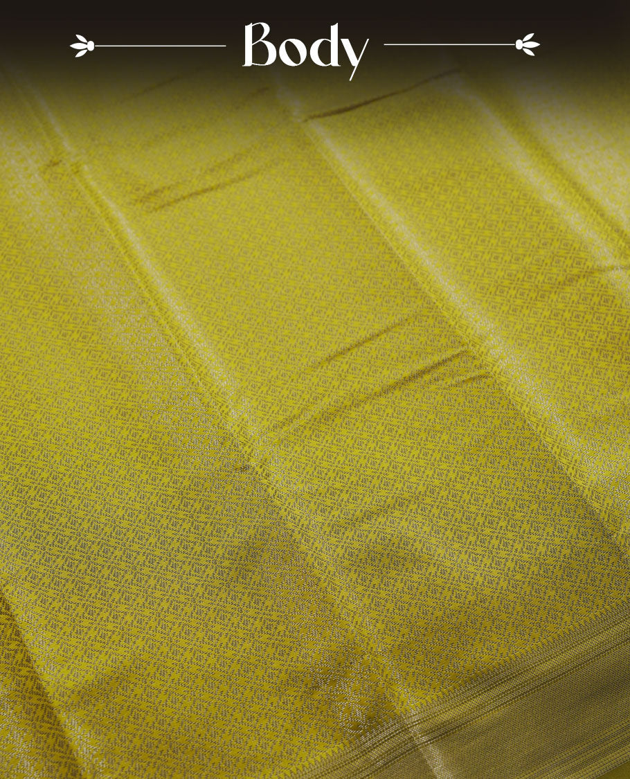 Olive colour semi silk saree featuring neem zari Brocade geometric Pattern all over the body, complemented by a Self Colour woven border with detailing, Pallu & blouse.