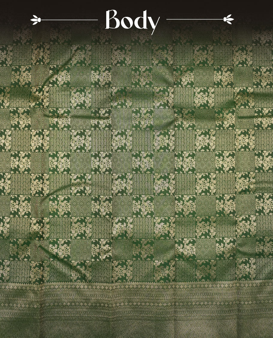 Bottle green colour Kanchipuram pattern Manthrakodi saree featuring intricate geometrical design and turning border in antique gold zari jacquard, crafted in rich Kanchipuram silk, paired with a matching jacquard blouse piece.