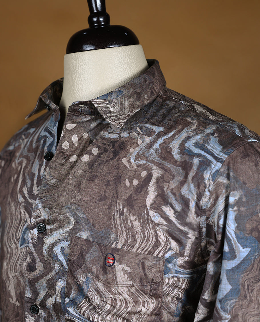 Dark Brown with Multi Colour Printed YESTO Full Sleeve Shirt for Men