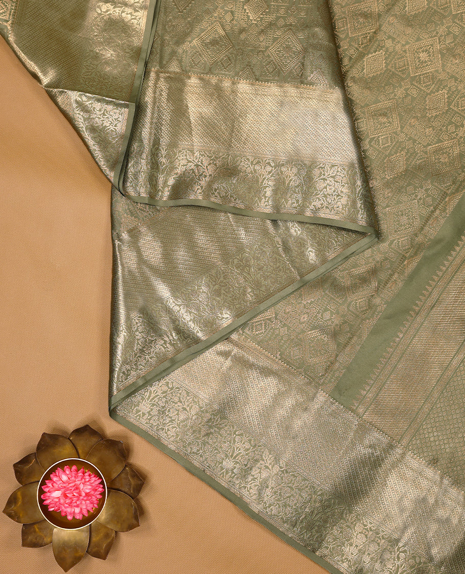 Pastel Sage Green Colour Kancheepuram Wedding Silk Saree having Zari Worked Body and Border with Self Coloured Blouse
