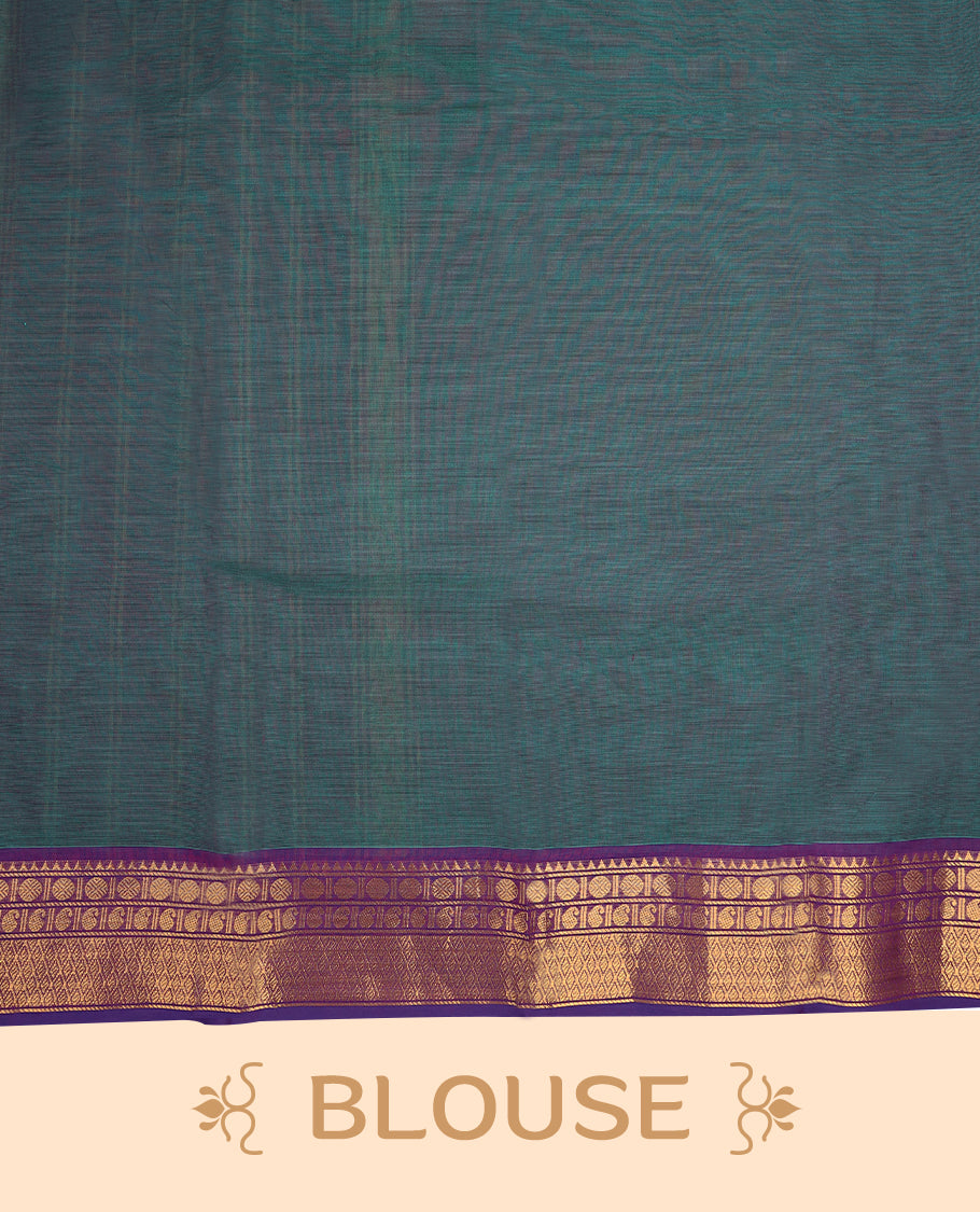 Peacock Green Colour Mixed Chettinad Cotton Saree having plain Body with Contrast Border and Self Coloured Blouse