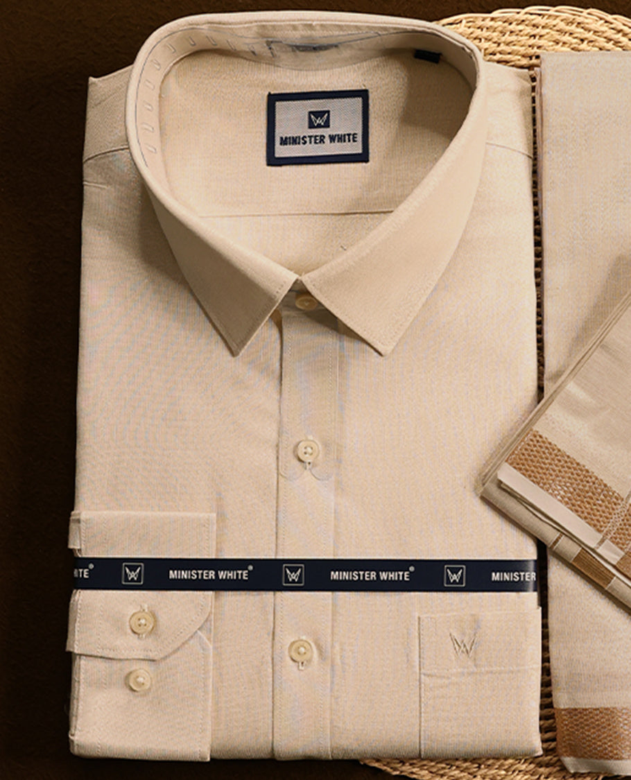 Light copper tissue wedding shirt and dhoti set from MINISTER WHITE, adorned with a matching copper zari border.