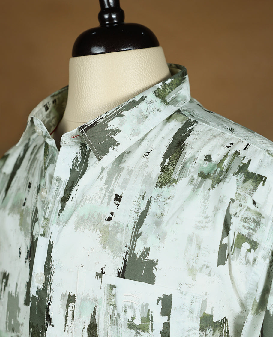 White with Green Shade Printed ITHACA Half Sleeve Cotton Shirt for Men