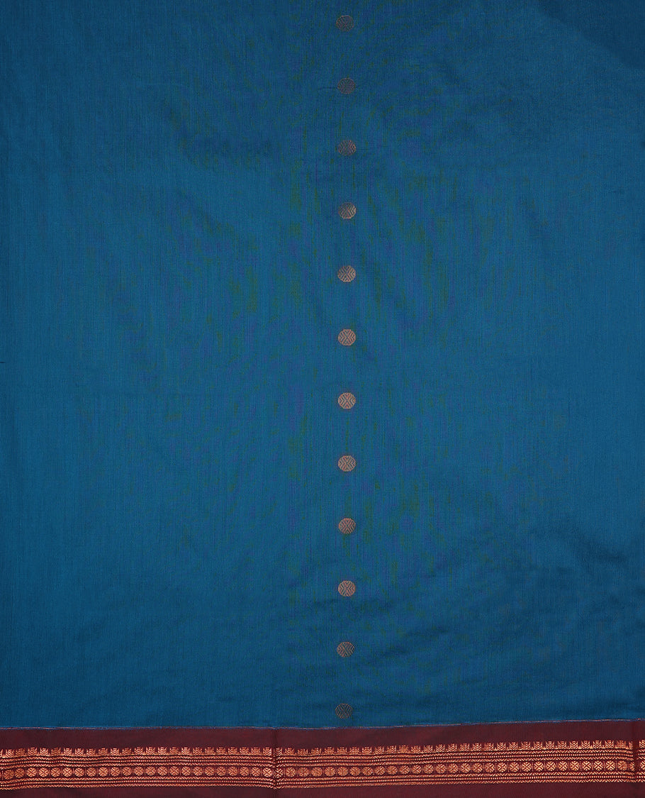 Blue colour mixed Kalyani cotton saree featuring Copper zari Bindi motifs throughout the body, paired with Maroon colour traditional border and pallu, with matching blouse