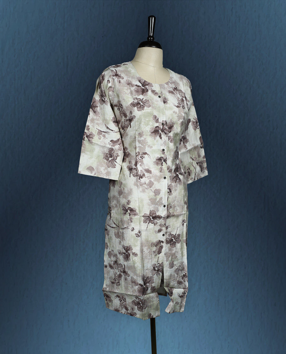 Off white kurti with an all over muted brown floral print, styled with a round neckline, front button down design, and three quarter sleeves