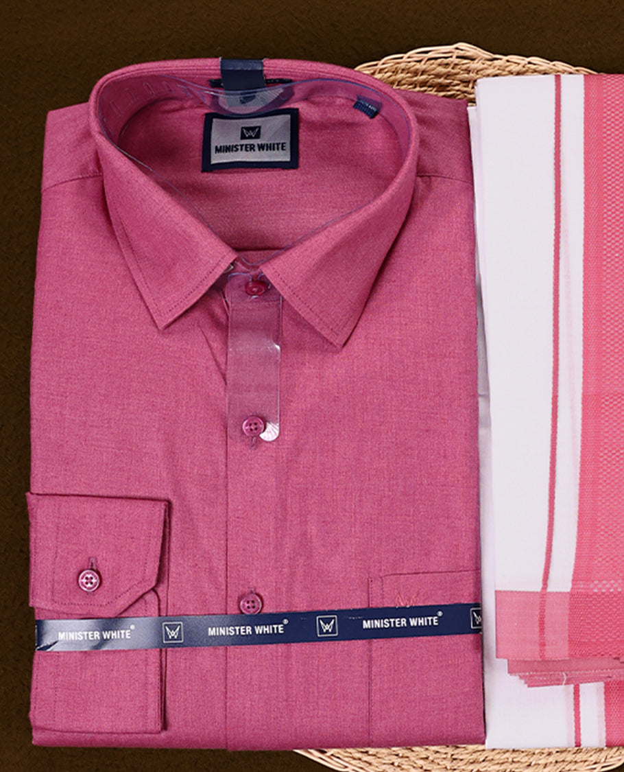 Deep Pink Colour full sleeve shirt and white dhoti set featuring a coordinated Pink zari border designed for a stylish and traditional look ideal for festive and cultural occasions