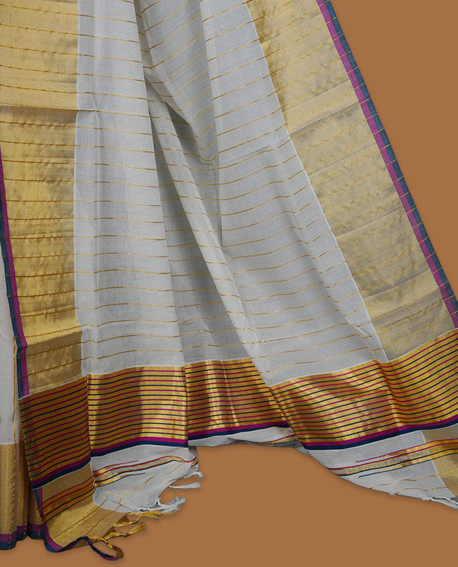 Off-white colour kerala saree with fine gold stripes, rich zari border and pallu highlighted by elegant pink and blue edging, paired with a matching blouse.