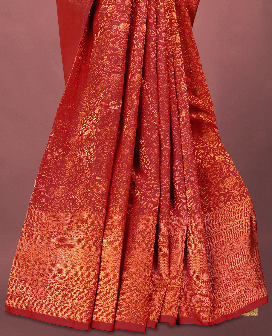 Dark Red Kancheepuram Silk Brocade Saree having Brocade Body with Self Coloured Brocade Border and Blouse