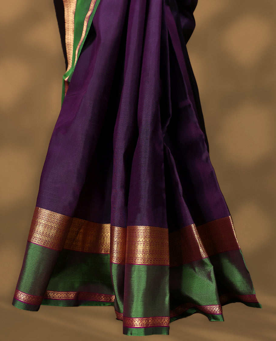 Dark Grape Colour Vasundhara Silk Saree having Plain Body with Green Colour Border and Light Grape Blouse