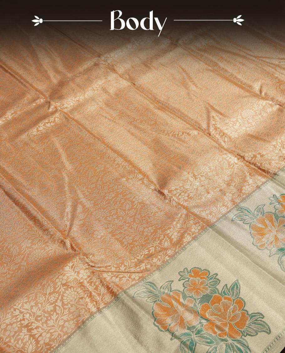 Mustrad orange colour and Antique gold Zari Tissue Brocade Saree features intricate floral Motifs on body and pastel green colour fancy border & pallu with floral patterns, paired with matching blouse