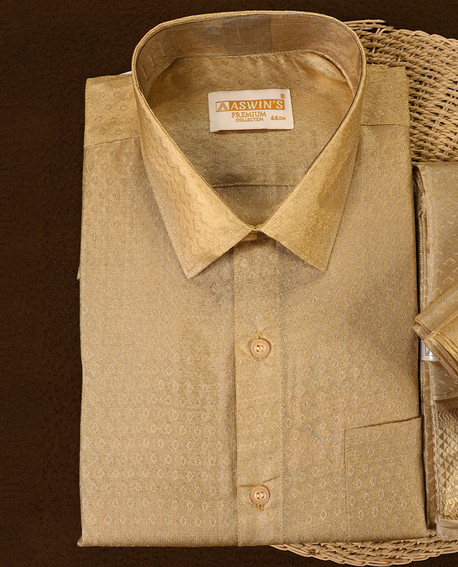 Biscuit Colour wedding set shirt and matching veshti set crafted in rich jacquard fabric with intricate zari patterns offering a luxurious and regal look perfect for grand occasions