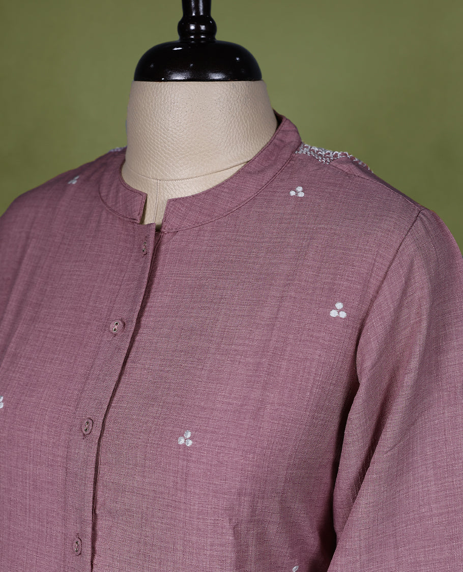 Pastel onion Colour Readymade kurti with small thread buttas for women, featuring 3/4 sleeves.