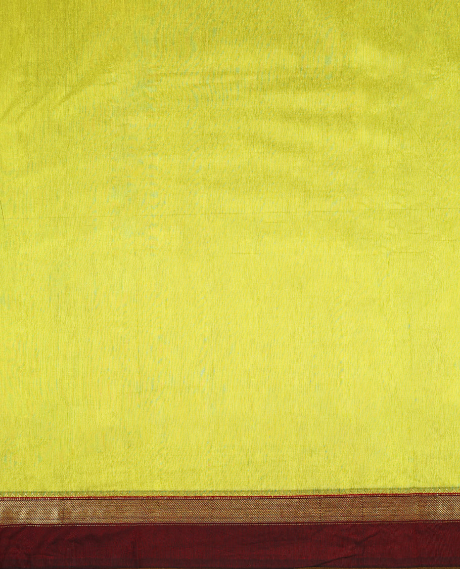 Lemon Green colour mixed Kalyani cotton saree featuring Plain body, paired with Pure Maroon colour traditional border and pallu, with matching blouse