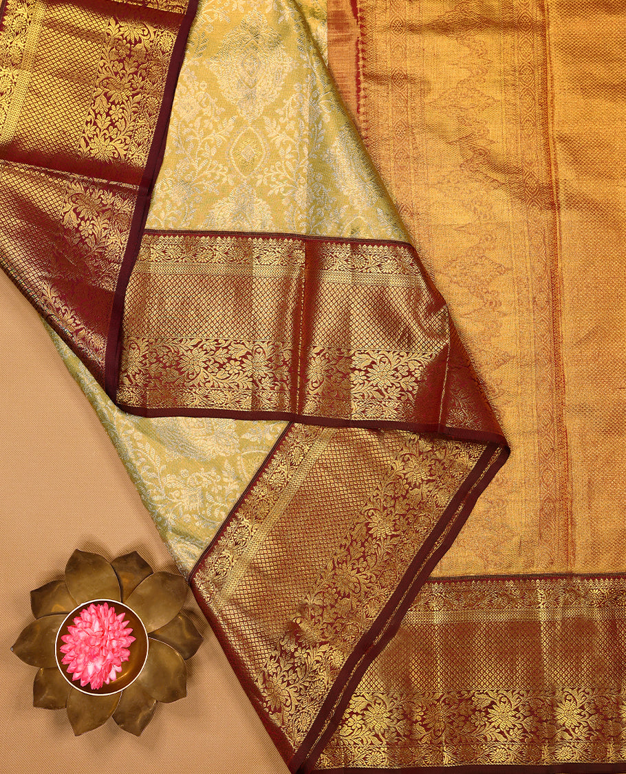 Golden Colour Tissue Wedding Silk Saree having Golden Jaal Worked Body and Maroon Border with Contrast Blouse