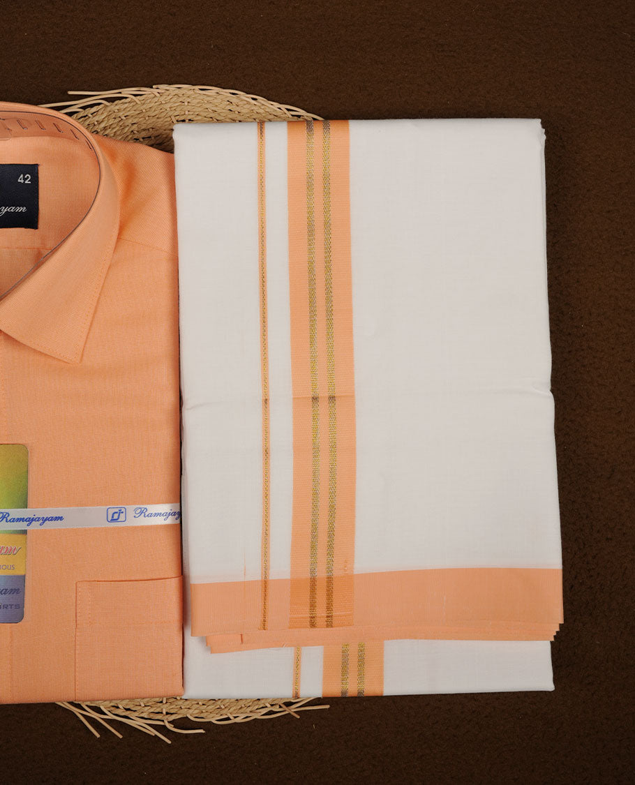Light orange Colour shirt paired with a matching dhoti, finished with a Light orange and gold border.
