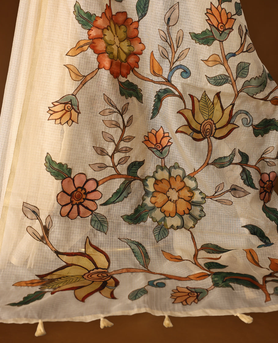 Graceful off white Kota net saree adorned with vibrant hand painted floral motifs on the pallu, blending subtle elegance with artistic charm & A perfect pick for festive gatherings and cultural occasions.