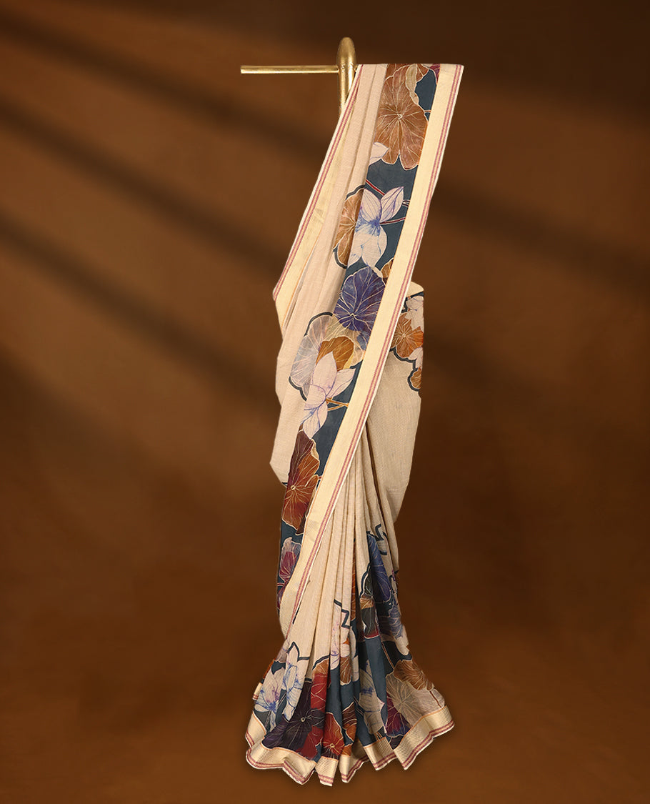 Beige and Aegean Blue Colour lightweight khadi cotton saree with earthy-coloured digital floral prints on the Body and pallu, paired with a matching blouse.