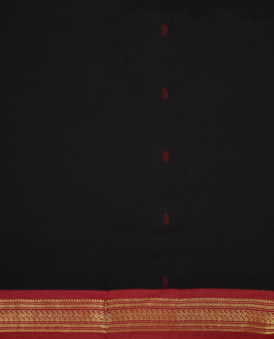 Pure Black colour mixed Kalyani cotton saree featuring Maroon zari motifs throughout the body, paired with a Maroon colour traditional border and pallu, with matching blouse