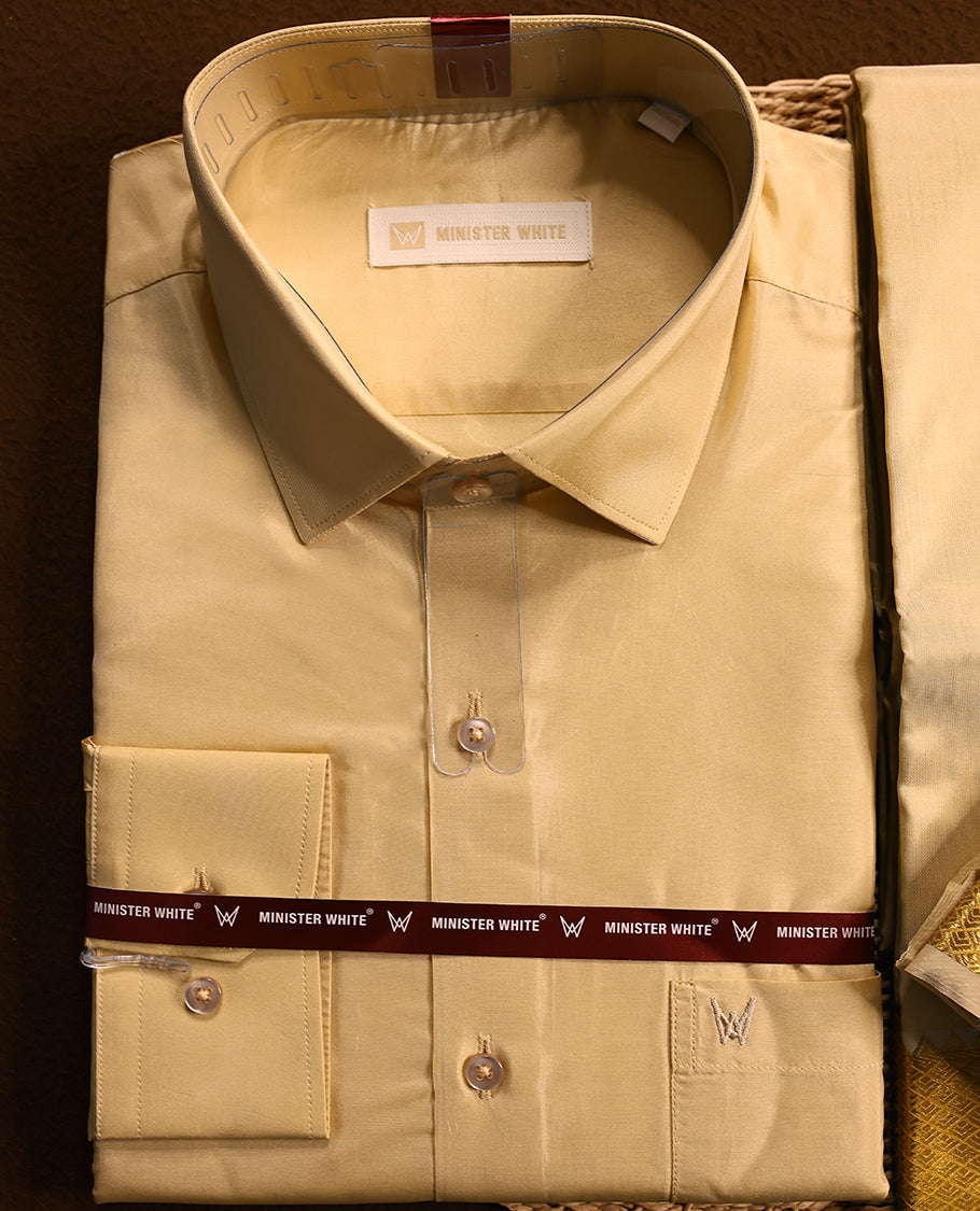 Medium gold coloured silk wedding shirt, dhoti, and towel set from MINISTER WHITE, featuring a gold zari border.