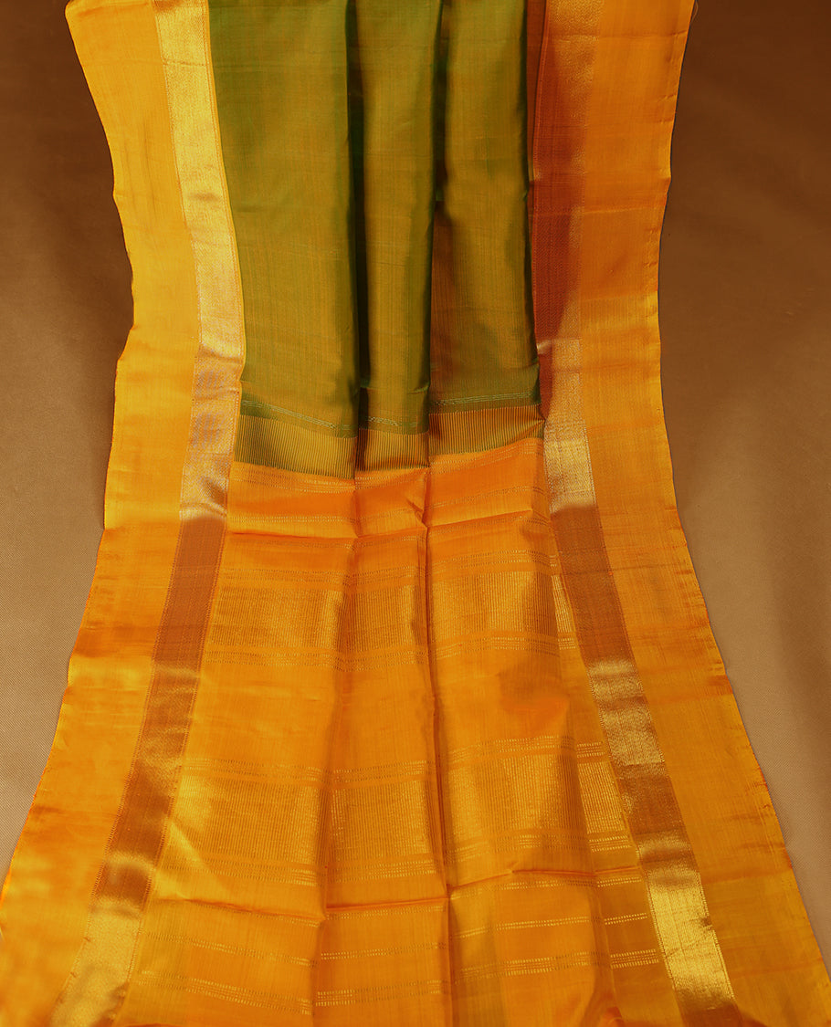 Double Shade Mustard Colour Pure Kancheepuram Traditional Silk Saree having Plain Body with Contrast Border and Blouse