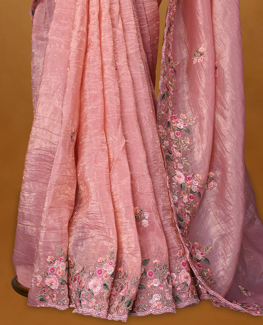 Pastel Pink Crush Soft Silk saree featuring Floral Thread Works on the body, complemented by delicate floral embroidery border and a matching blouse.