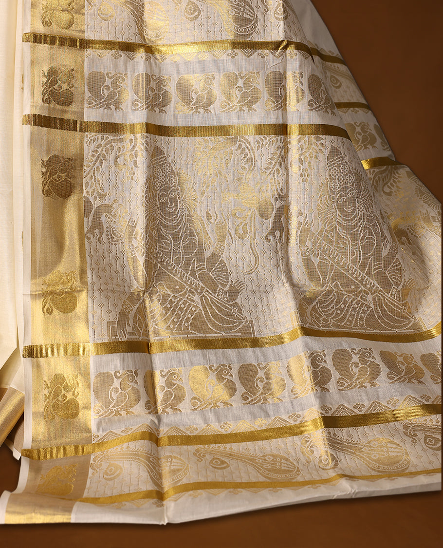 Elegant Kerala Kasavu saree with a golden border and intricately woven pallu, The ivory base adds a touch of grace, perfect for festive occasions, Style with a contrast blouse for a timeless traditional look.