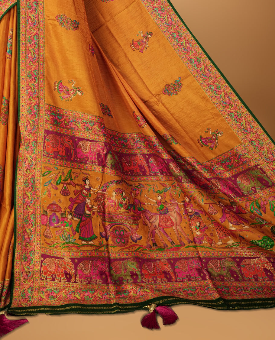 Orange Pashmina Silk Saree with Intricate Embroidered Buti Work on Body, Featuring Multicolor Dancer and Floral Motifs on Vibrant Pink-Green Zari Border & Grand Pallu, Paired with Matching Blouse Piece