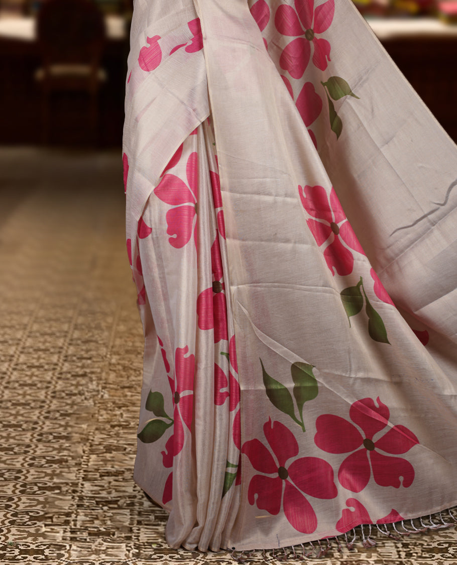 Beige colour Semi tissue saree adorned with pink colour digital Bold Floral Design on the body and an elegant pallu & comes with a matching blouse piece