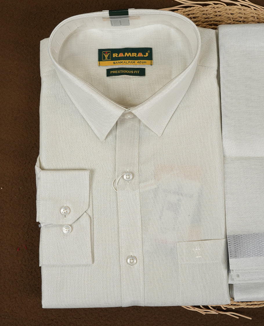 RAMRAJ Silver Colour shirt paired with a matching dhoti, elegantly finished with a gold border.