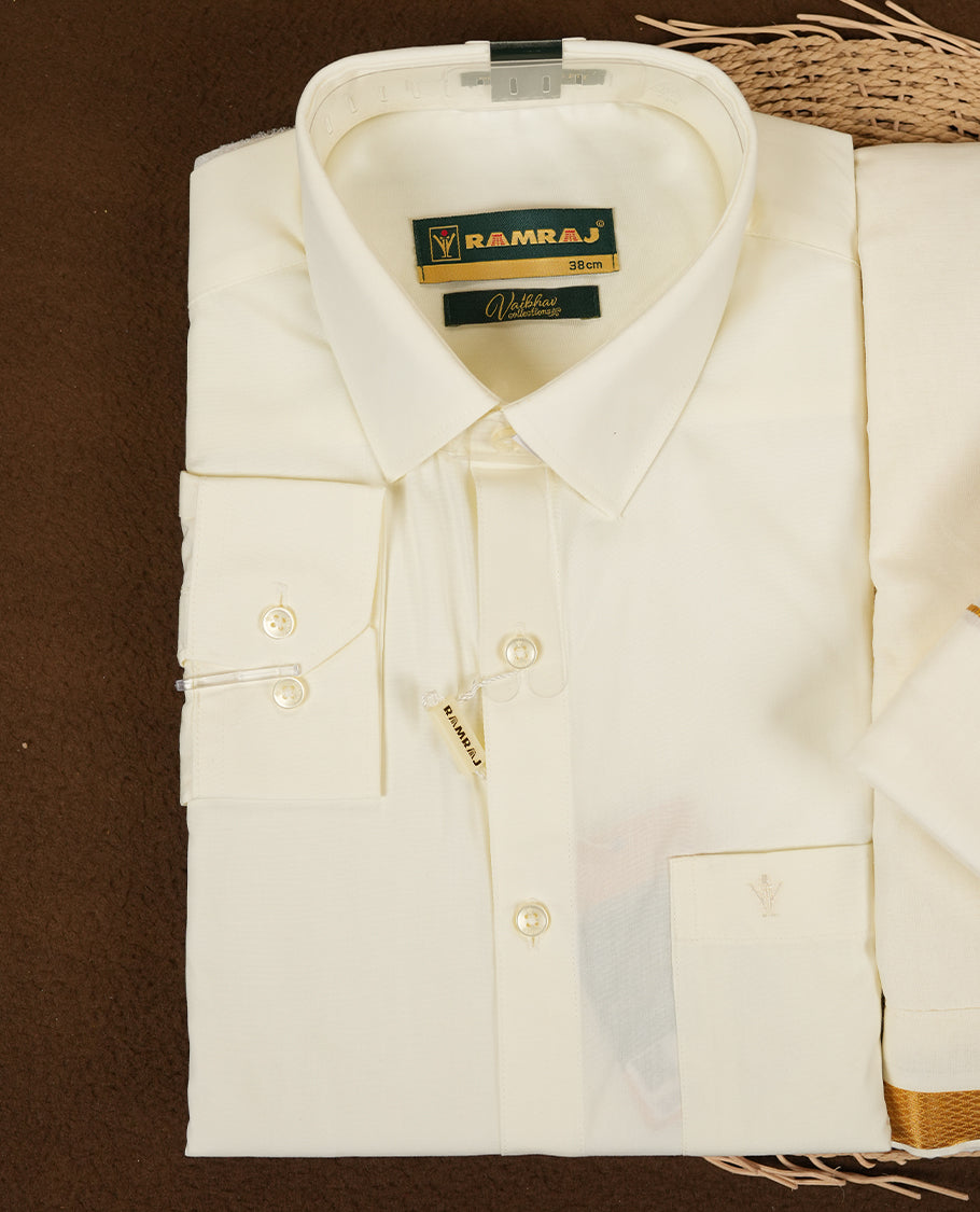RAMRAJ Cream Colour shirt paired with a matching dhoti and towel, all elegantly finished with a gold border.