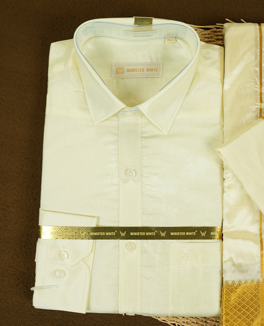 Cream gold coloured silk wedding shirt, dhoti, and towel set from MINISTER WHITE, featuring a gold zari border.