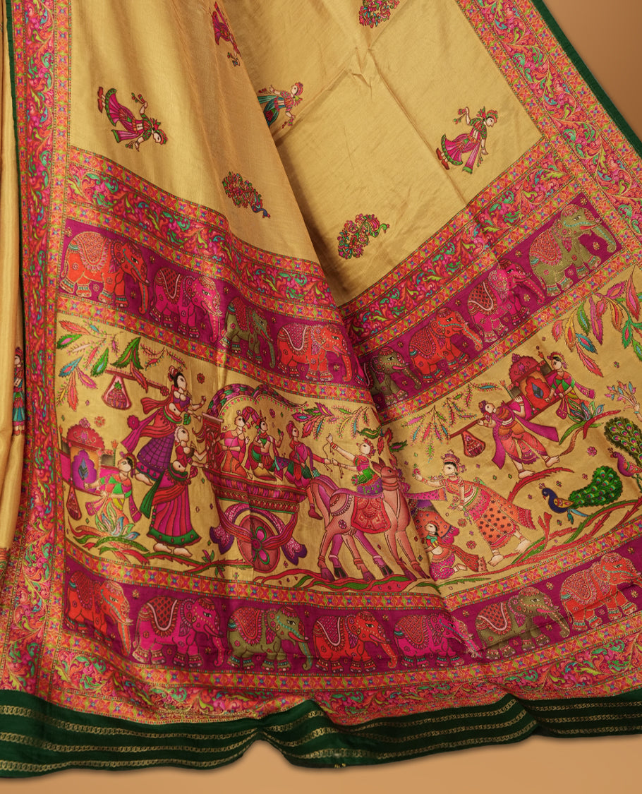Beige Pashmina Silk Saree with Intricate Embroidered Buti Work on Body, Featuring Multicolor Dancer and Floral Motifs on Vibrant Pink-Green Zari Border & Grand Pallu, Paired with Matching Blouse Piece