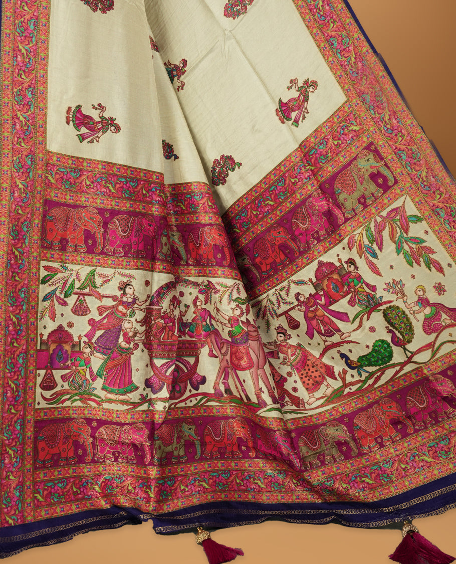 Cream Pashmina Silk Saree with Multicolor Kashmiri Embroidered Dancer and Peacock Motifs, Contrasting Pink-Blue Floral Zari Border, and Matching Blouse Piece