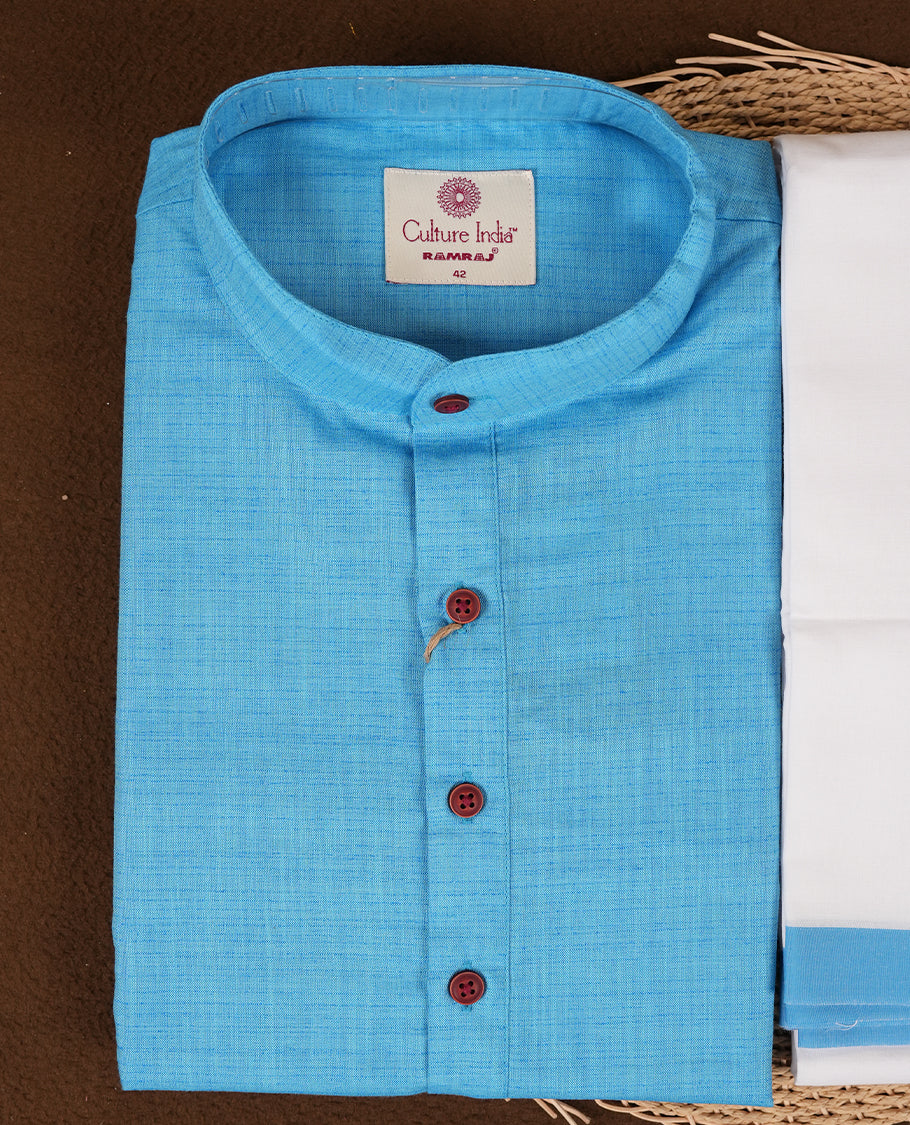 RAMRAJ Sky Blue Colour shirt paired with a matching dhoti, elegantly finished with a Sky Blue zari border.