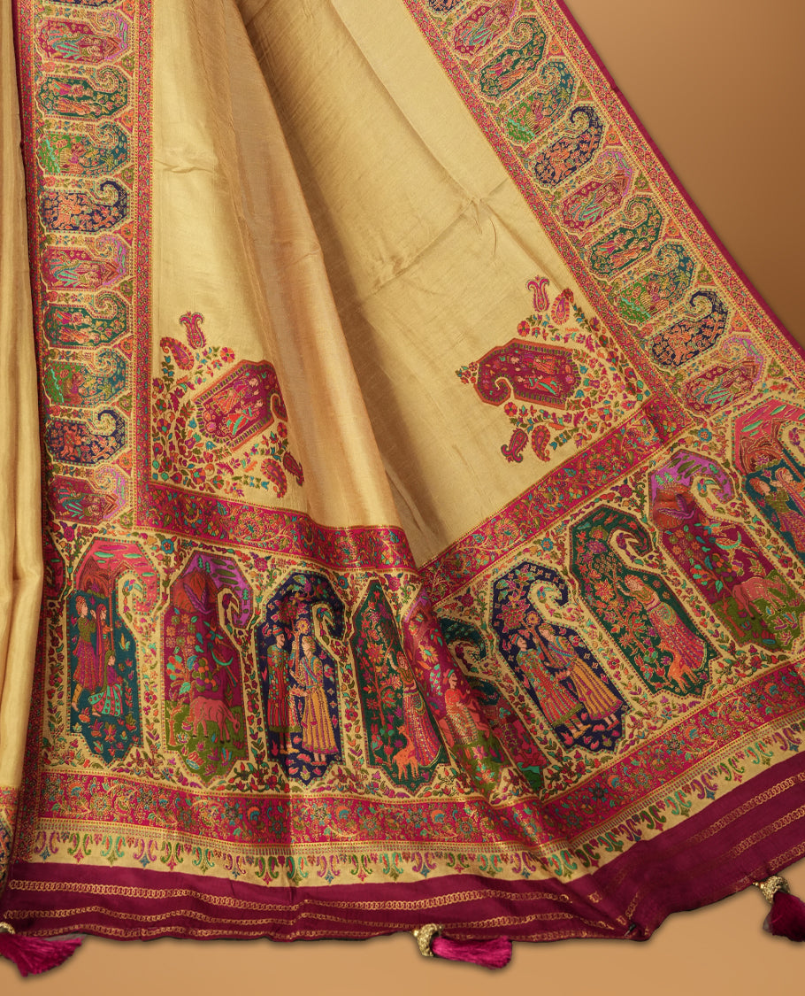 Beige Pashmina Silk Saree with Plain Body, Adorned with Intricately Woven Multicolor Elephant, Peacock, and Floral Motifs on Vibrant Pink-Green Zari Border & Grand Pallu, Paired with Matching Blouse Piece