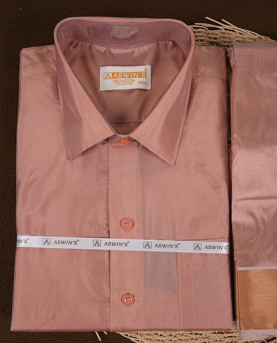 Champ colour Aswin’s wedding set featuring a refined silk shirt and matching dhoti with gold zari detailing, crafted for timeless elegance and perfect for traditional weddings and festive occasions.