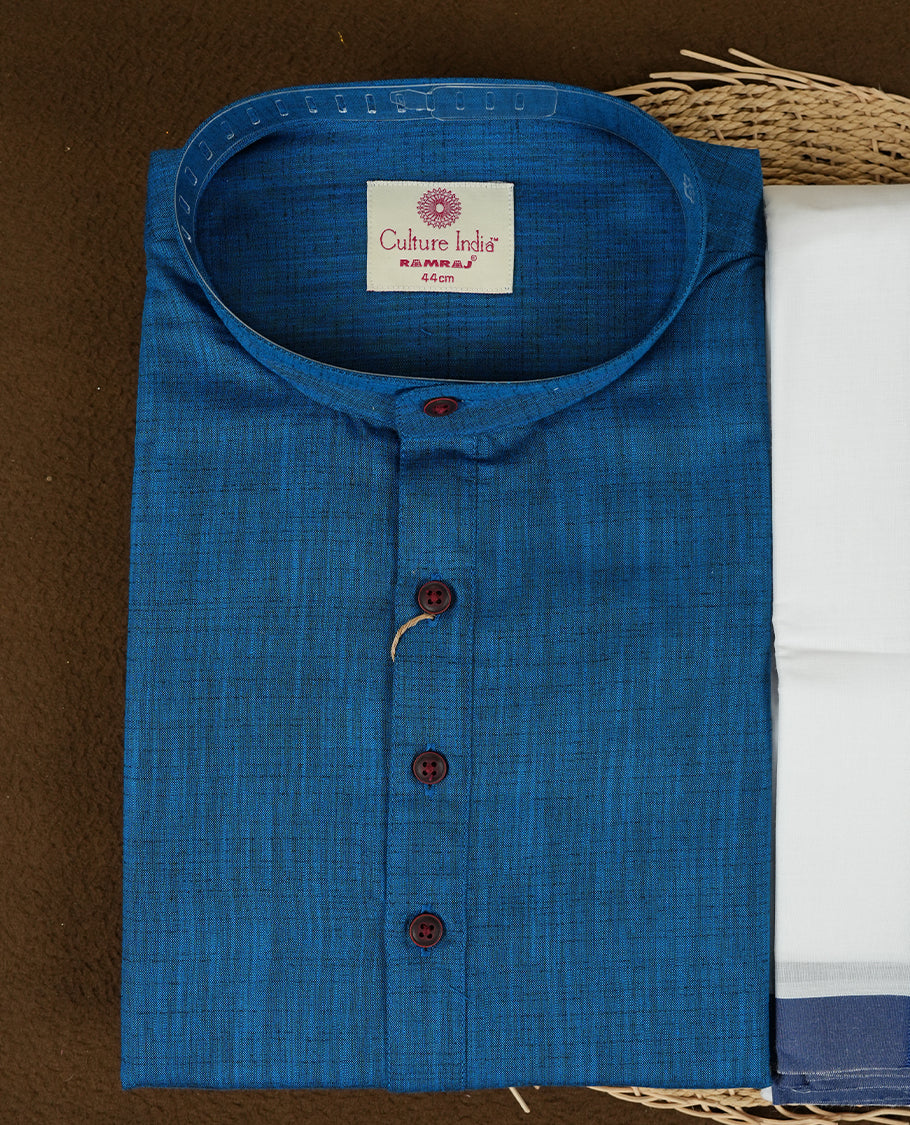 RAMRAJ Blue Colour shirt paired with a matching dhoti, elegantly finished with a Blue zari border.