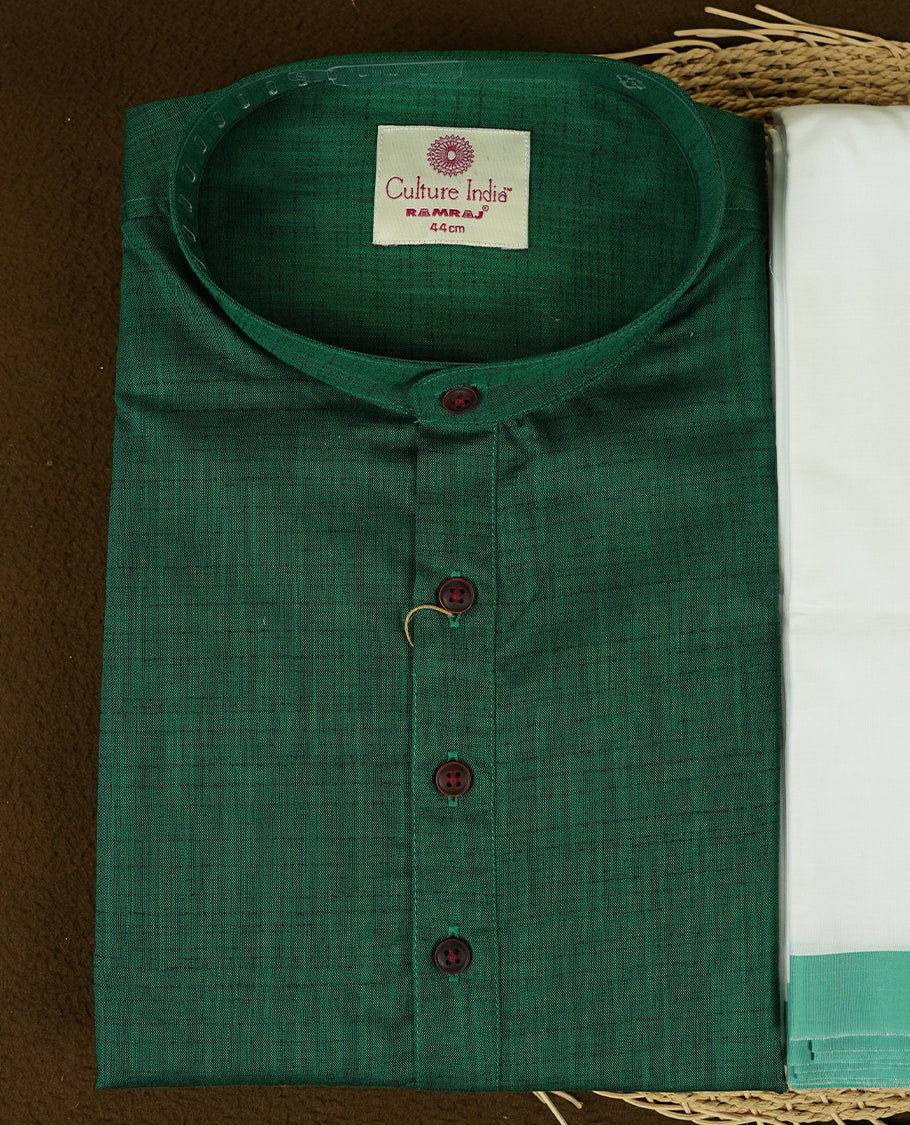 RAMRAJ British Green Colour shirt paired with a matching dhoti, elegantly finished with a green zari border.