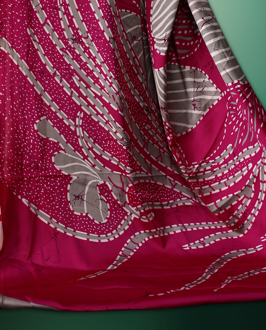 Pink and Off White colour semi modal saree featuring contemporary abstract and floral patterns highlighted with shimmering accents, complemented with a coordinated blouse