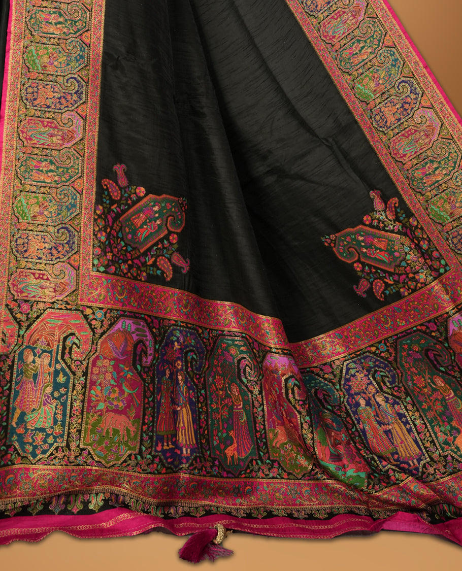 Black Pashmina Silk Saree with Plain Body, Intricate Multicolor Kashmiri-Style Embroidered Floral and Paisley Design on Contrasting Pink Zari Border & Pallu, Paired with Matching Blouse Piece