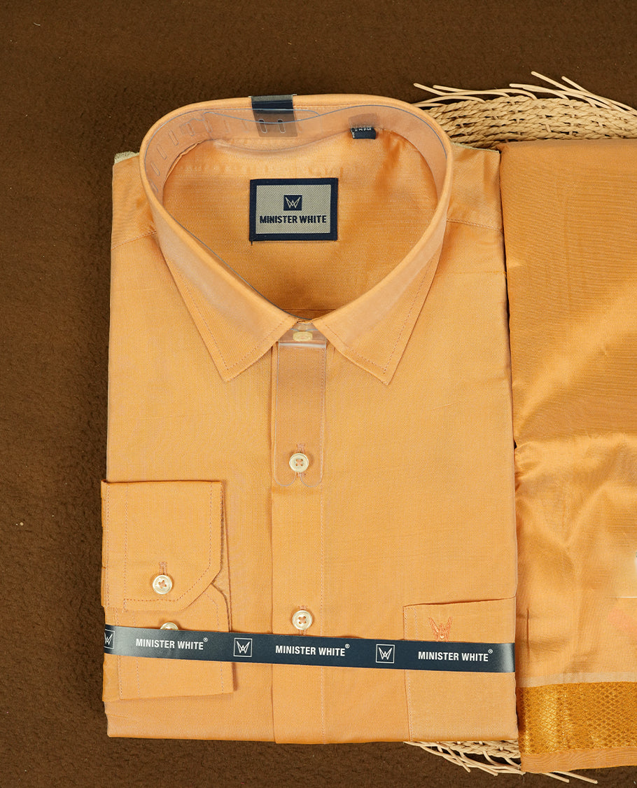 Dark Gold Colour tissue wedding shirt and dhoti set from MINISTER WHITE, adorned with a matching Gold zari border.