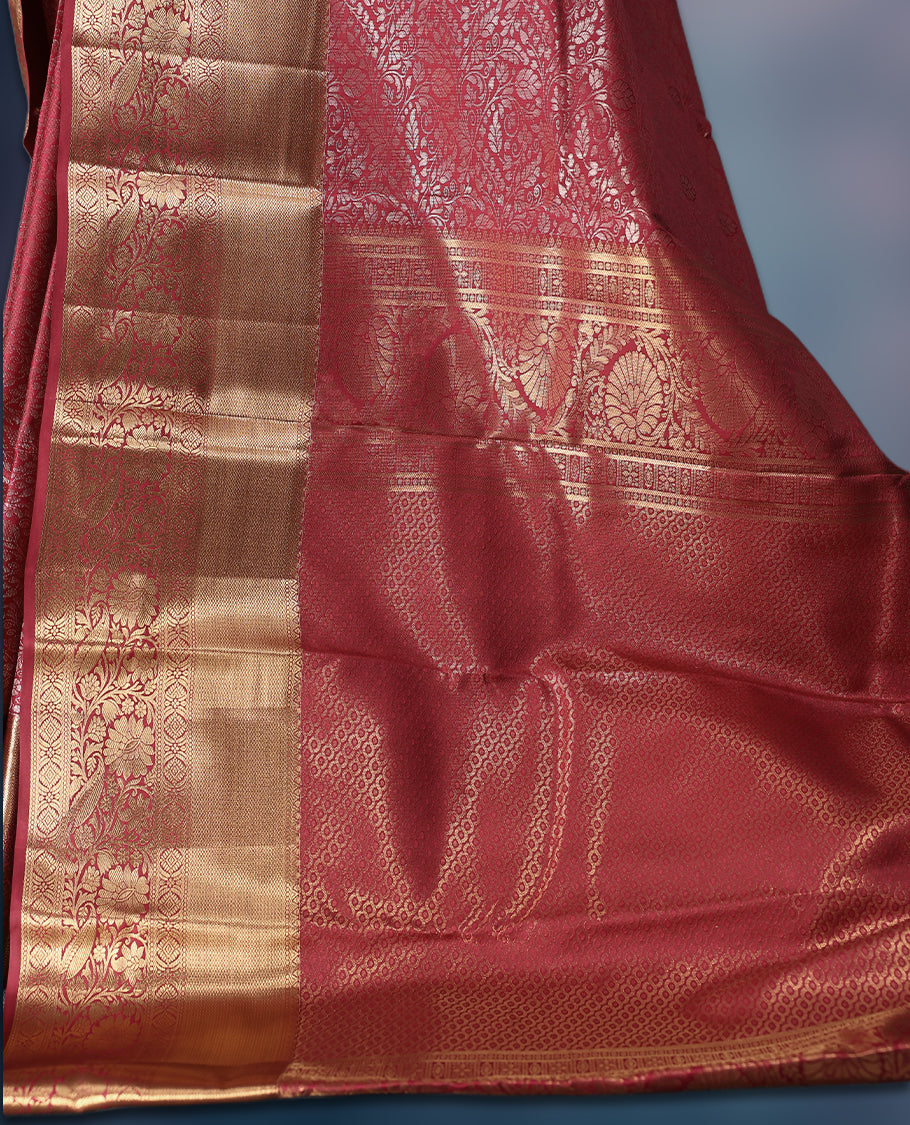 Deep pink semi silk brocade saree with intricate gold zari brocade work and a rich gold woven border and pallu, Comes with a matching blouse, perfect for festive occasions and traditional celebrations.